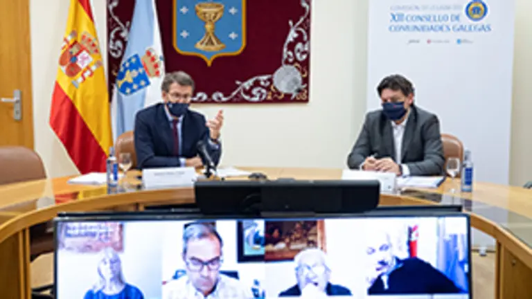 O titular do Goberno galego, Alberto N&uacute;&ntilde;ez Feij&oacute;o, participa por videoconferencia na clausura do encontro da Comisi&oacute;n Delegada do XXII Consello de Comunidades Galegas. Na sala de reuni&oacute;ns da &aacute;rea de Goberno (Pazo do H&oacute;rreo. Parlamento de Galicia () , 21/12/20.