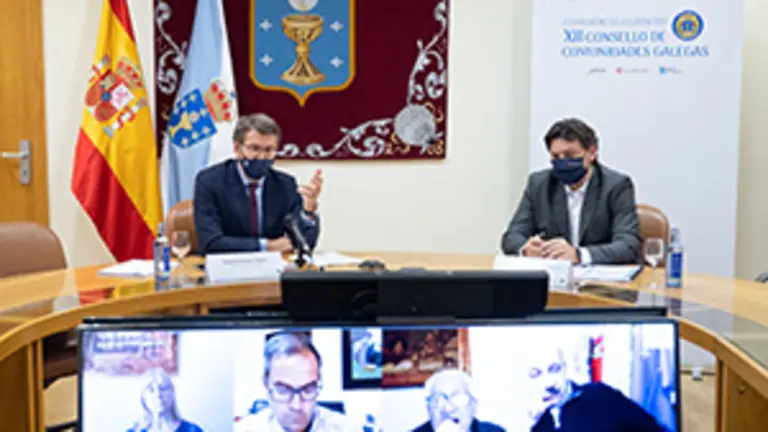 O titular do Goberno galego, Alberto N&uacute;&ntilde;ez Feij&oacute;o, participa por videoconferencia na clausura do encontro da Comisi&oacute;n Delegada do XXII Consello de Comunidades Galegas. Na sala de reuni&oacute;ns da &aacute;rea de Goberno (Pazo do H&oacute;rreo. Parlamento de Galicia () , 21/12/20.