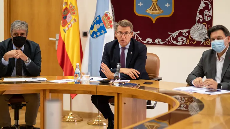 O titular do Goberno galego, Alberto N&uacute;&ntilde;ez Feij&oacute;o, participa por videoconferencia no debate Rexi&oacute;ns e di&aacute;spora no marco do Congreso de autoridades locais e rexionais do Consello de Europa. Parlamento de Galicia, 27/10/21.