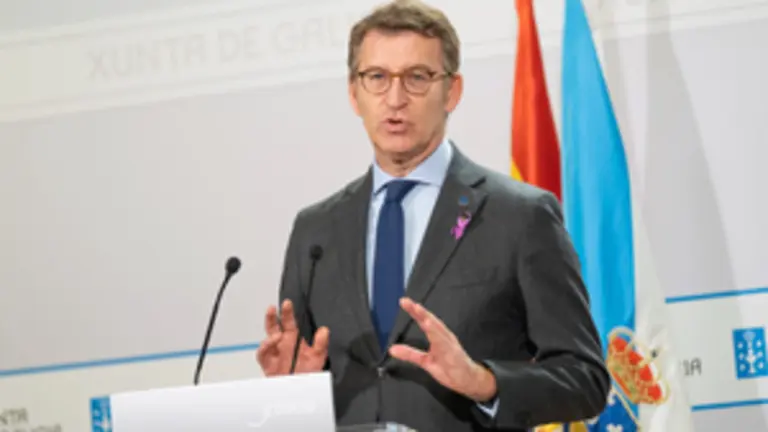 O titular do Goberno galego, Alberto N&uacute;&ntilde;ez Feij&oacute;o, durante a rolda de prensa posterior &aacute; reuni&oacute;n semanal do Consello da Xunta. San Caetano, Santiago de Compostela, 26/11/21.