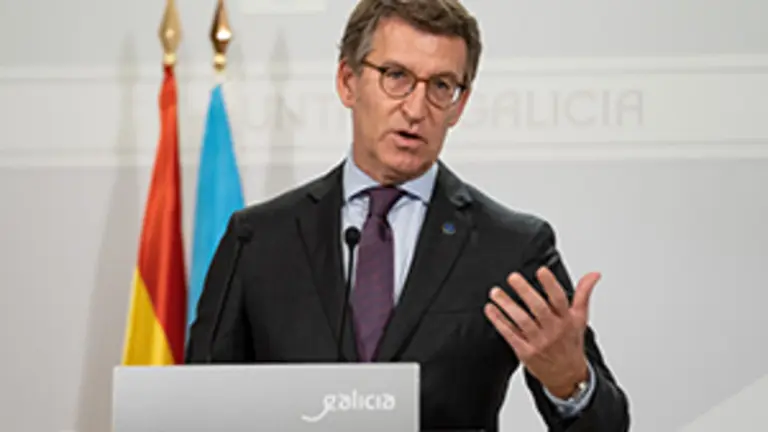 O titular do Goberno galego, Alberto Núñez Feijóo, durante a rolda de prensa posterior á reunión semanal do Consello da Xunta. San Caetano, Santiago de Compostela, 13/01/22.