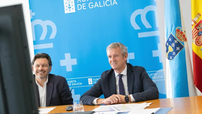O presidente da Xunta, Alfonso Rueda, acompa&ntilde;ado do secretario xeral de Emigraci&oacute;n, Antonio Rodr&iacute;guez Miranda, realiza unha videoconferencia co xefe do Goberno da Cidade Aut&oacute;noma de Bos Aires, Horacio Rodr&iacute;guez Larreta. Delegaci&oacute;n da Xunta en Vigo, 18/09/22.