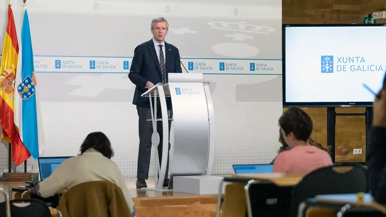 O presidente da Xunta, Alfonso Rueda, durante a rolda de prensa posterior &aacute; reuni&oacute;n semanal do Consello da Xunta. San Caetano, Santiago de Compostela, 12/01/23.