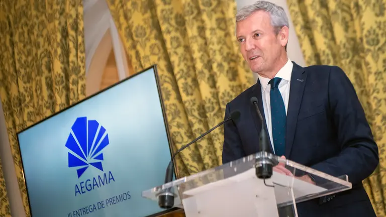 O presidente da Xunta, Alfonso Rueda, acompañado do conselleiro de Cultura, Educación, Formación Profesional e Universidades, Román Rodríguez, preside a entrega dos III Premios Empresariais A Toxa, organizada pola Asociación de Empresarios Gallegos en Madrid (Aegama).
