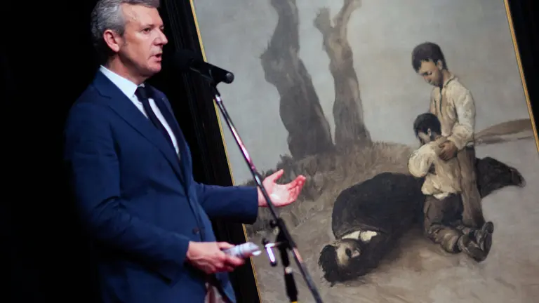 O titular do Executivo galego, Alfonso Rueda, acompañado polo conselleiro de Emprego, Comercio e Emigración, José González, asiste á apertura do curso escolar do Instituto Argentino Gallego Santiago Apóstol no Ano Castelao, e visita o cadro de Castelao Última lección do Mestre. Instituto Santiago Apóstol (Buenos Aires), 07/03/25.