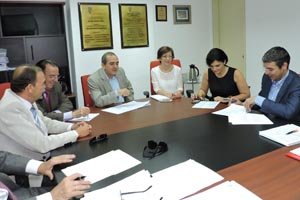 Alejandro Narvay Quintero y María Jesús Armas –1º y 2º por la dcha.–, durante la reunión de trabajo con la FES.
