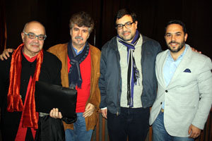 Hugo Rodino, Xan Pérez Leira, Martín Moyano Barros y Santos Gastón Juan, en el Teatro Castelao, al finalizar el acto.