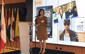 Eva Bartolomé, durante la presentación en Bruselas.