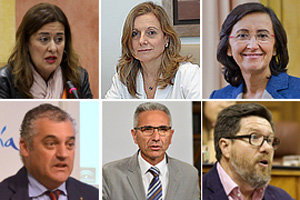 De izda. a dcha. arriba: Sonia Gaya, Marina Álvarez y Rosa Aguilar. Abajo, de izda. a dcha.: Javier Carnero, Miguel A. Vázquez y Rodrigo Sánchez