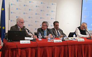 José Ignacio Cadenas –junto a Ramón Jiménez, Vicente Araguas y Antonio Polo–, durante el homenaje que recibió.