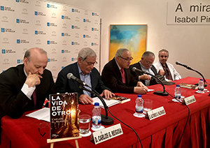 Carlos Reigosa, Alfonso Palomares, José Ramón Ónega, Ángel Basanta y Jesús Espino, durante la presentación en la Casa de Galicia.