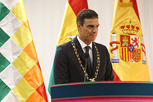 El presidente Sánchez, durante su intervención tras la reunión con el presidente Morales.