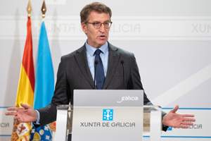 O titular do Goberno galego, Alberto Núñez Feijóo, durante a rolda de prensa posterior á reunión semanal do Consello da Xunta. San Caetano, Santiago de Compostela, 18/11/21.