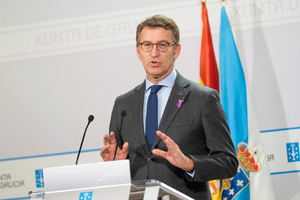 O titular do Goberno galego, Alberto Núñez Feijóo, durante a rolda de prensa posterior á reunión semanal do Consello da Xunta. San Caetano, Santiago de Compostela, 26/11/21.